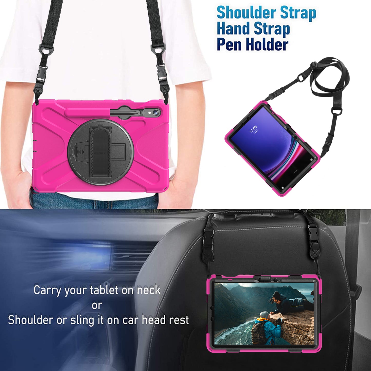 For Samsung Galaxy Tab S9 FE / S9 X710  /  S8 X700  /  S7 T870 PC+Silicone Tablet Case Kickstand Cover with Hand Strap  /  Shoulder Strap - Rose