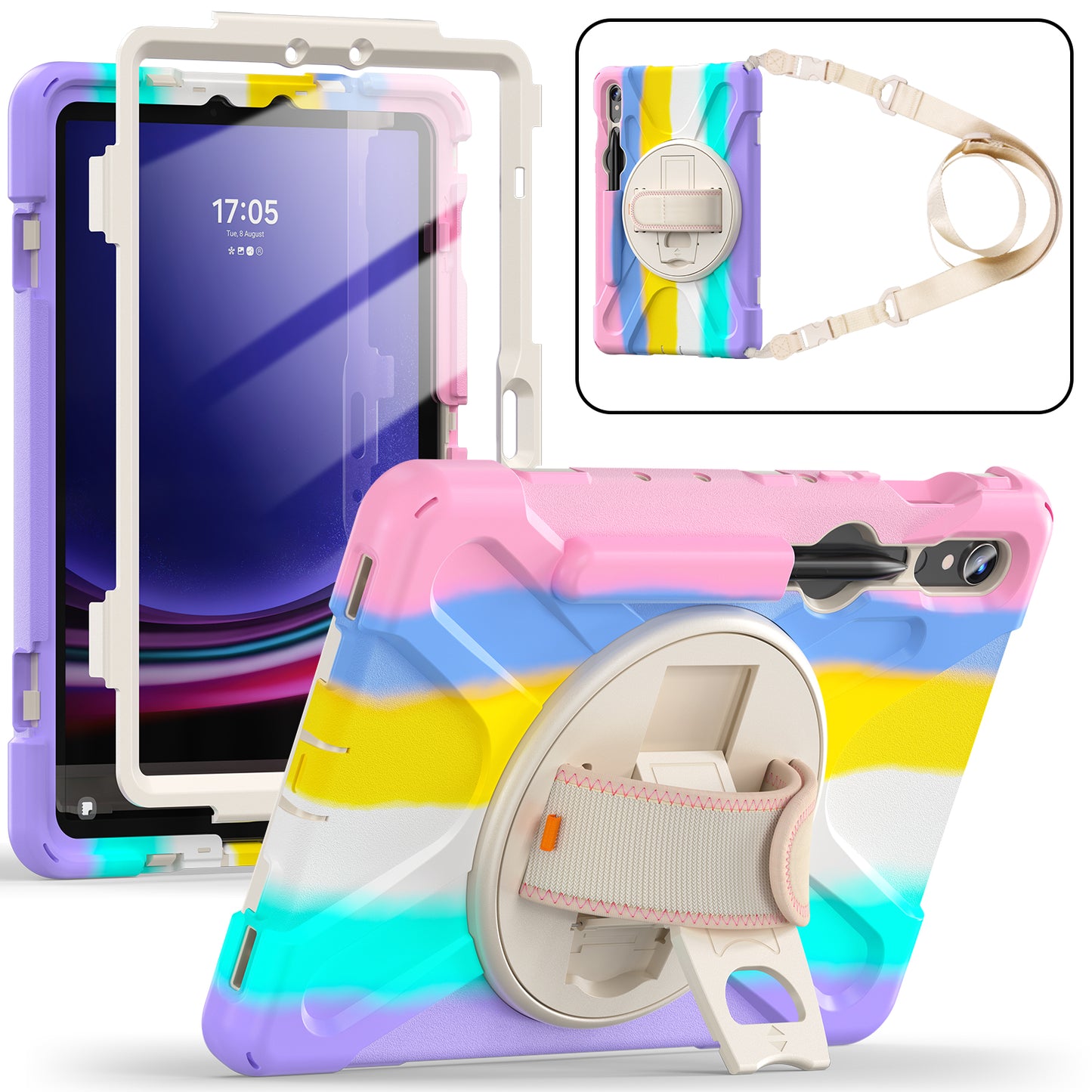 For Samsung Galaxy Tab S9 FE / S9 X710  /  S8 X700  /  S7 T870 PC+Silicone Tablet Case Kickstand Cover with Hand Strap  /  Shoulder Strap - Colorful Pink