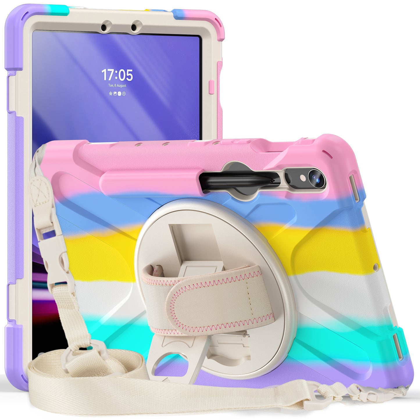 For Samsung Galaxy Tab S9 FE / S9 X710  /  S8 X700  /  S7 T870 PC+Silicone Tablet Case Kickstand Cover with Hand Strap  /  Shoulder Strap - Colorful Pink