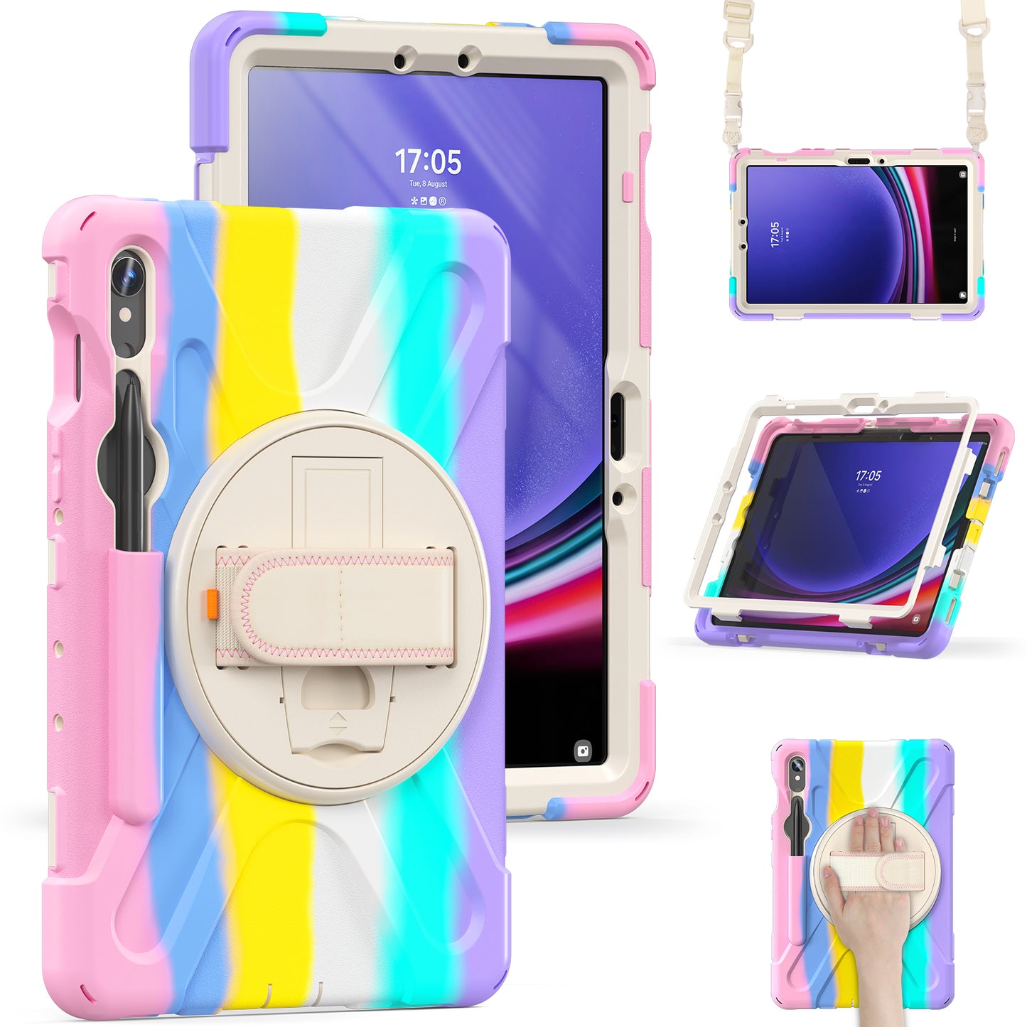 For Samsung Galaxy Tab S9 FE / S9 X710  /  S8 X700  /  S7 T870 PC+Silicone Tablet Case Kickstand Cover with Hand Strap  /  Shoulder Strap - Colorful Pink