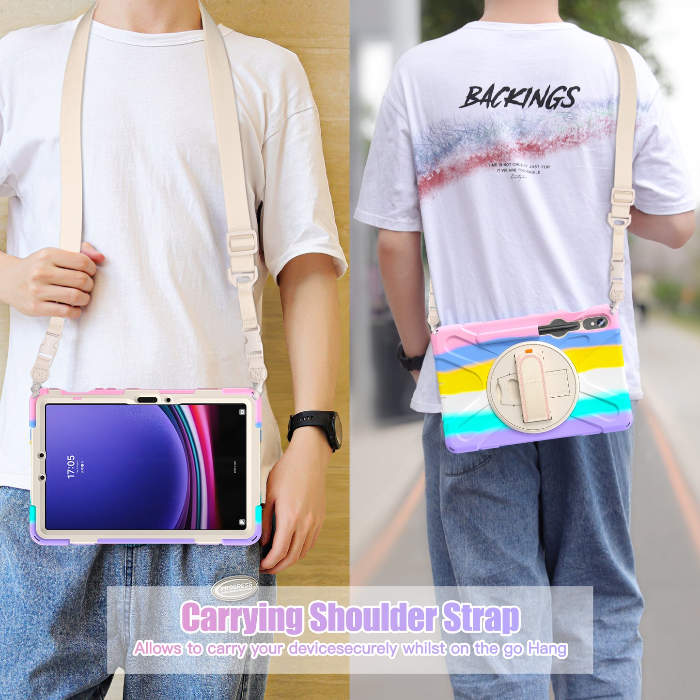 For Samsung Galaxy Tab S9 FE / S9 X710  /  S8 X700  /  S7 T870 PC+Silicone Tablet Case Kickstand Cover with Hand Strap  /  Shoulder Strap - Colorful Pink