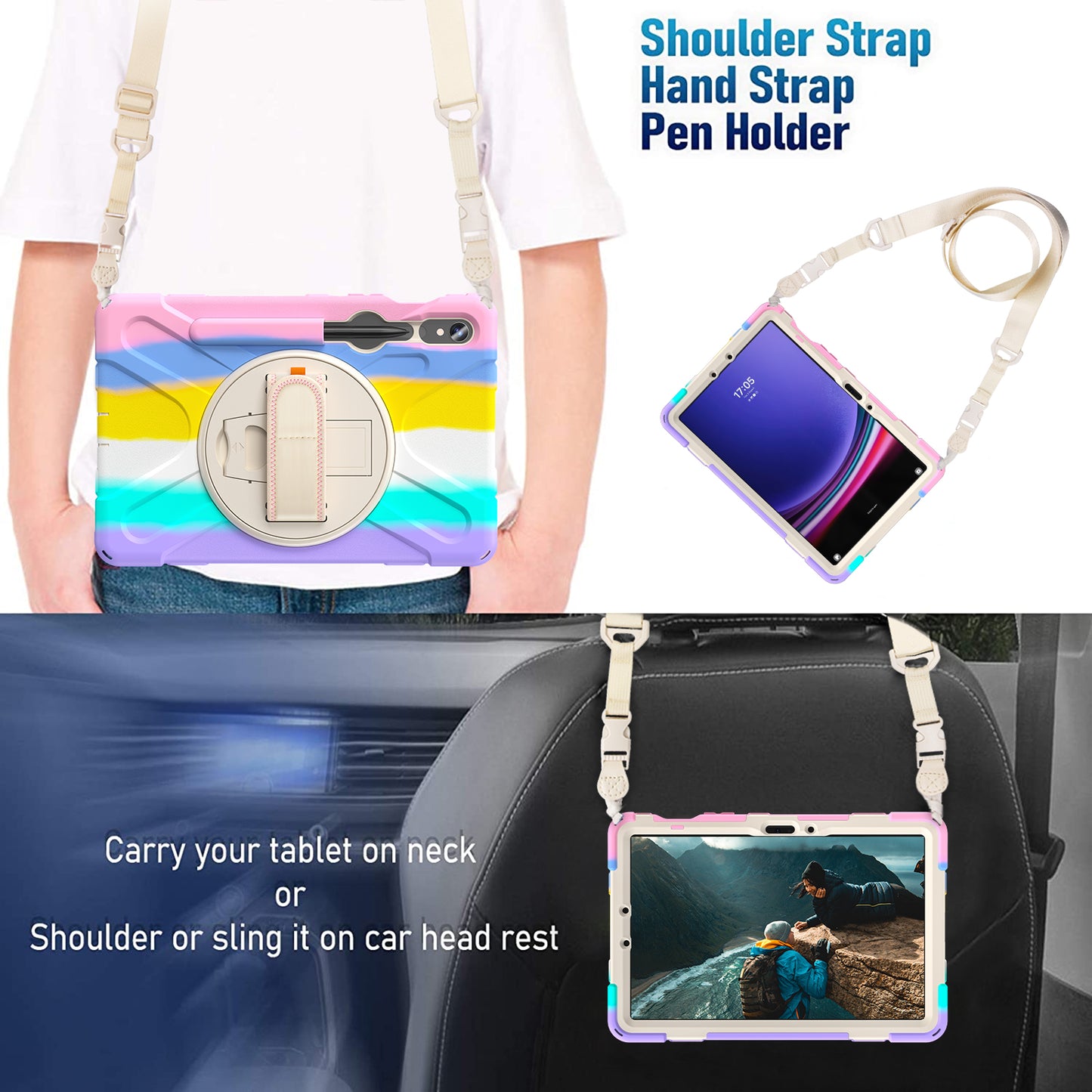 For Samsung Galaxy Tab S9 FE / S9 X710  /  S8 X700  /  S7 T870 PC+Silicone Tablet Case Kickstand Cover with Hand Strap  /  Shoulder Strap - Colorful Pink