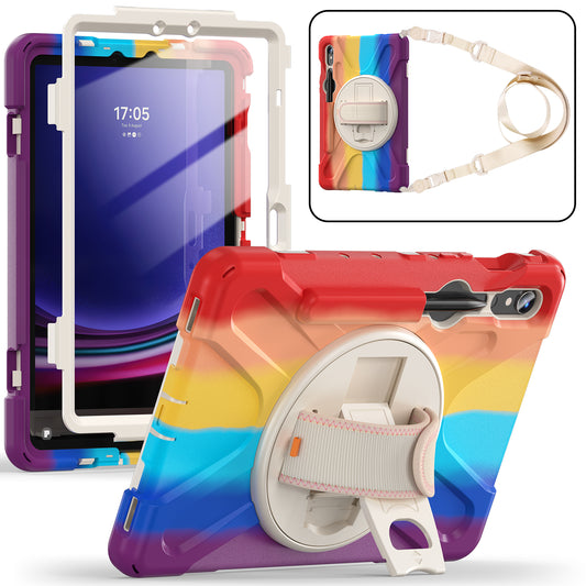 For Samsung Galaxy Tab S9 FE / S9 X710  /  S8 X700  /  S7 T870 PC+Silicone Tablet Case Kickstand Cover with Hand Strap  /  Shoulder Strap - Colorful Red