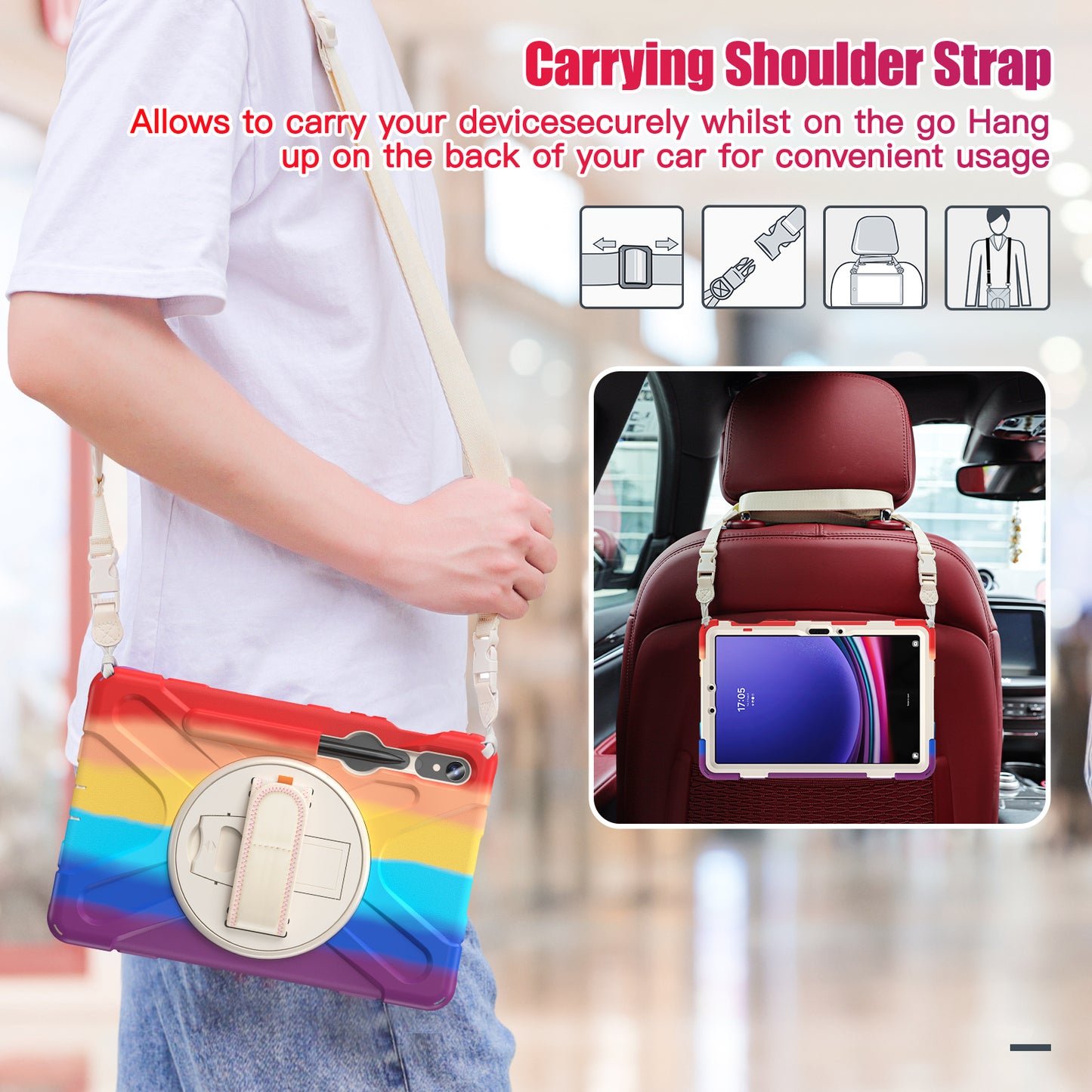 For Samsung Galaxy Tab S9 FE / S9 X710  /  S8 X700  /  S7 T870 PC+Silicone Tablet Case Kickstand Cover with Hand Strap  /  Shoulder Strap - Colorful Red