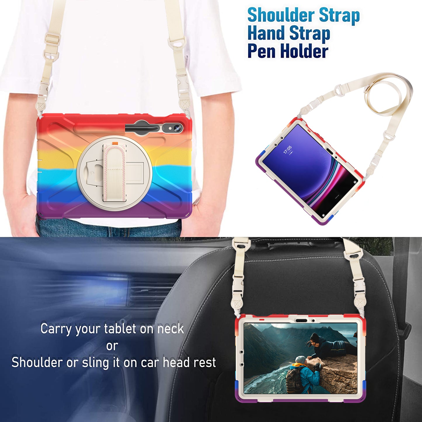 For Samsung Galaxy Tab S9 FE / S9 X710  /  S8 X700  /  S7 T870 PC+Silicone Tablet Case Kickstand Cover with Hand Strap  /  Shoulder Strap - Colorful Red
