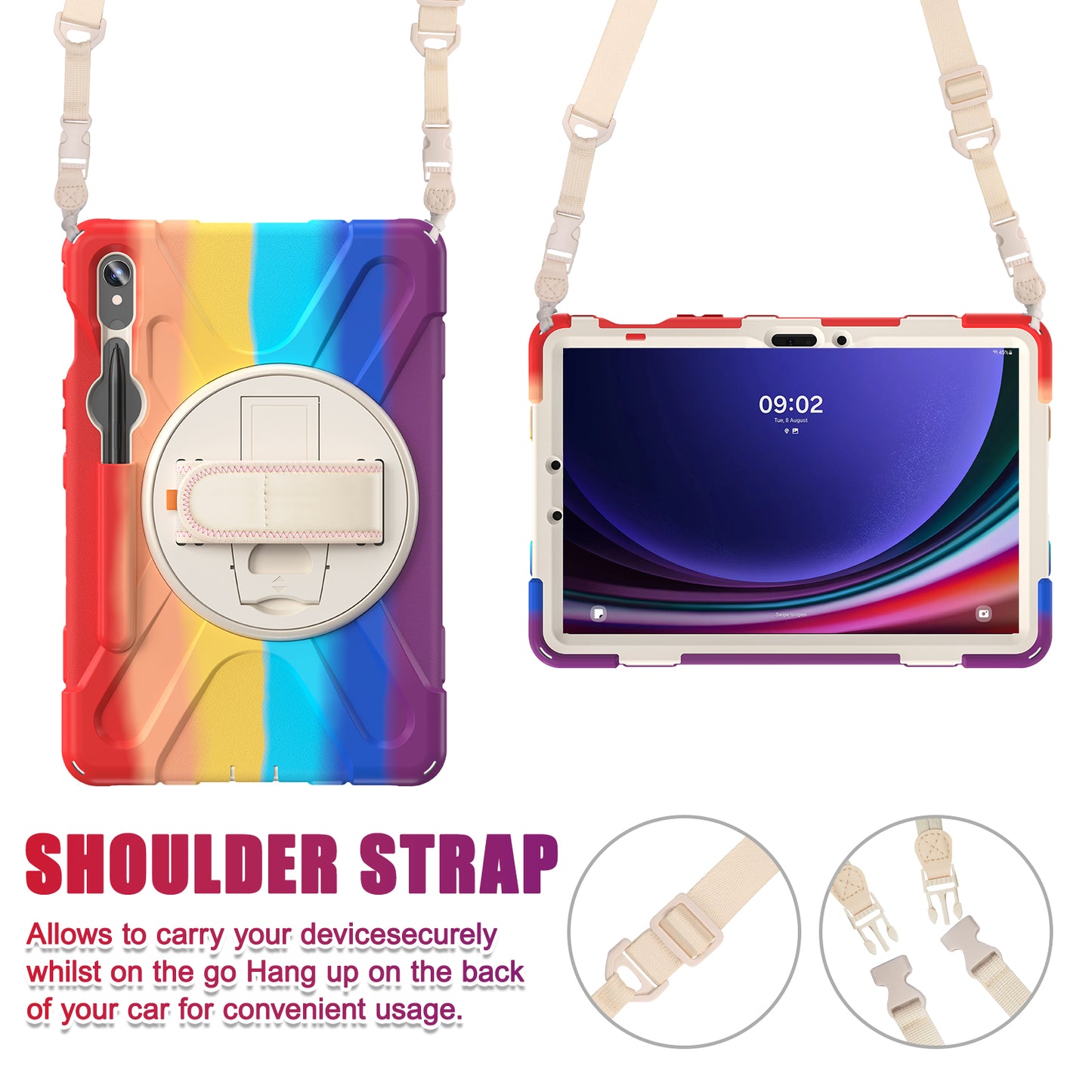 For Samsung Galaxy Tab S9 FE / S9 X710  /  S8 X700  /  S7 T870 PC+Silicone Tablet Case Kickstand Cover with Hand Strap  /  Shoulder Strap - Colorful Red