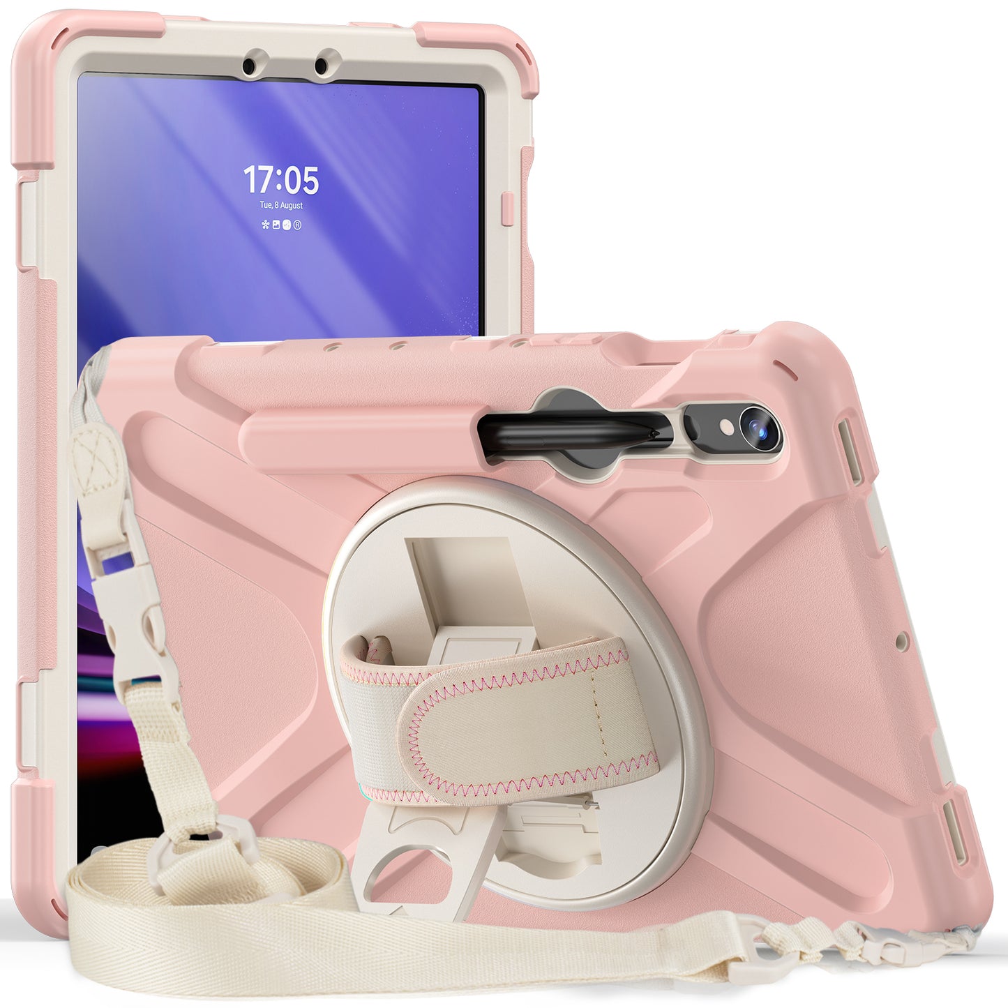 For Samsung Galaxy Tab S9 FE / S9 X710  /  S8 X700  /  S7 T870 PC+Silicone Tablet Case Kickstand Cover with Hand Strap  /  Shoulder Strap - Pink