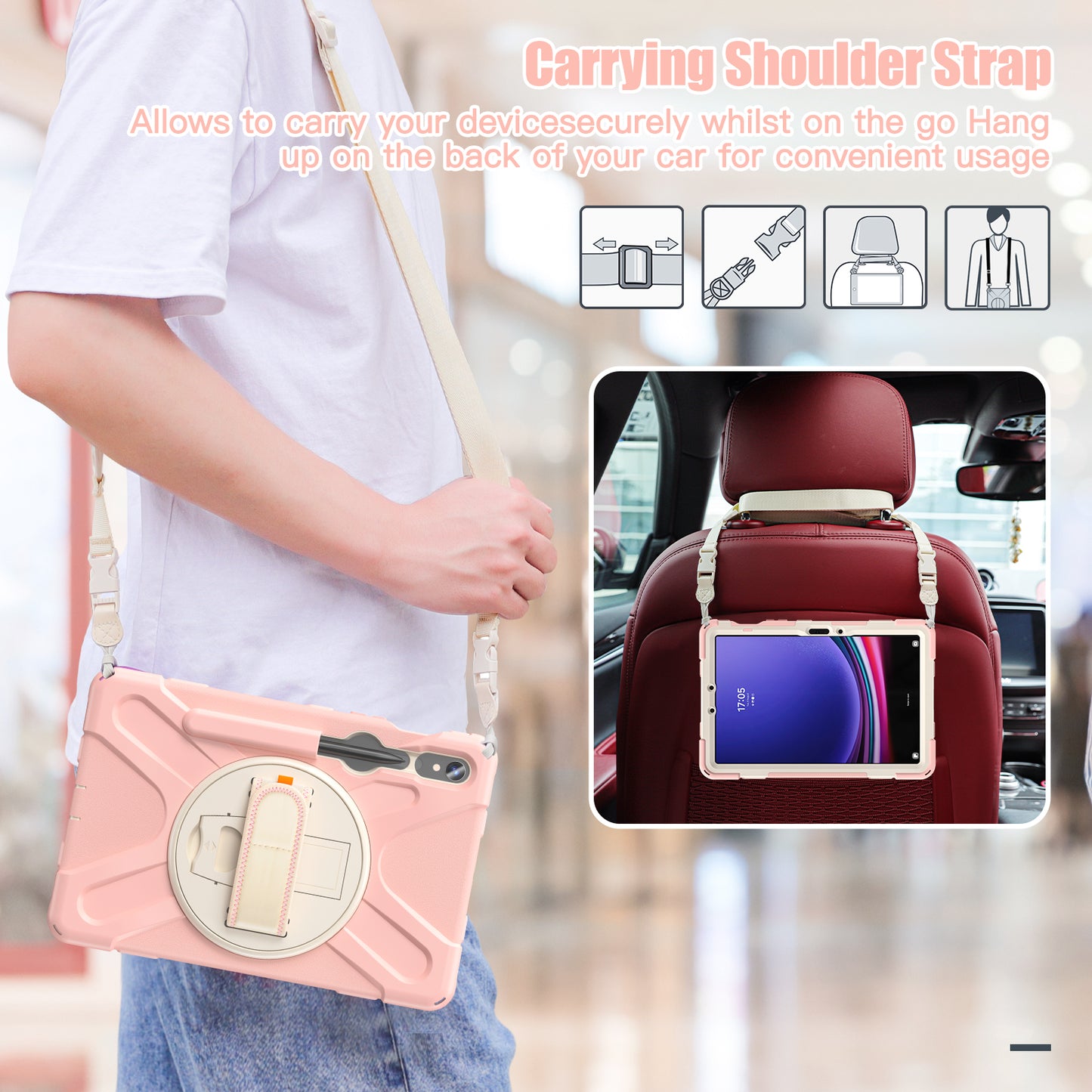 For Samsung Galaxy Tab S9 FE / S9 X710  /  S8 X700  /  S7 T870 PC+Silicone Tablet Case Kickstand Cover with Hand Strap  /  Shoulder Strap - Pink