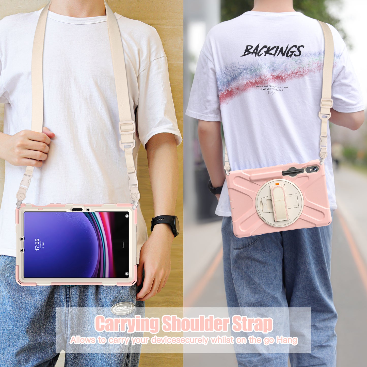 For Samsung Galaxy Tab S9 FE / S9 X710  /  S8 X700  /  S7 T870 PC+Silicone Tablet Case Kickstand Cover with Hand Strap  /  Shoulder Strap - Pink