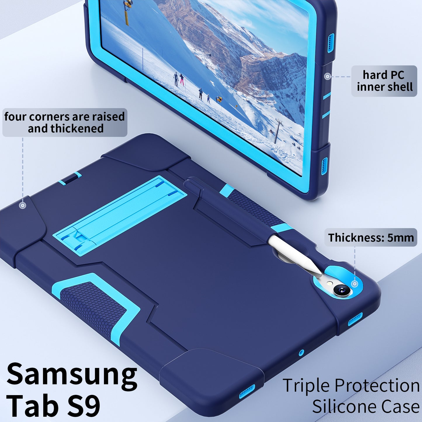 Silicone + PC Tablet Case for Samsung Galaxy Tab S9 SM-X710  /  S9 FE SM-X510 Robot Style Dual Color Kickstand Cover - Navy Blue  /  Blue