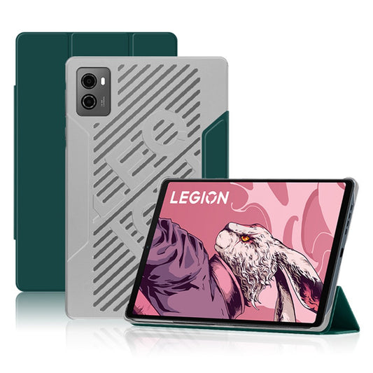 PU Leather Smart Case for Lenovo Legion Y700 , Trifold Stand Heat Dissipation Tablet Cover - Green+Grey