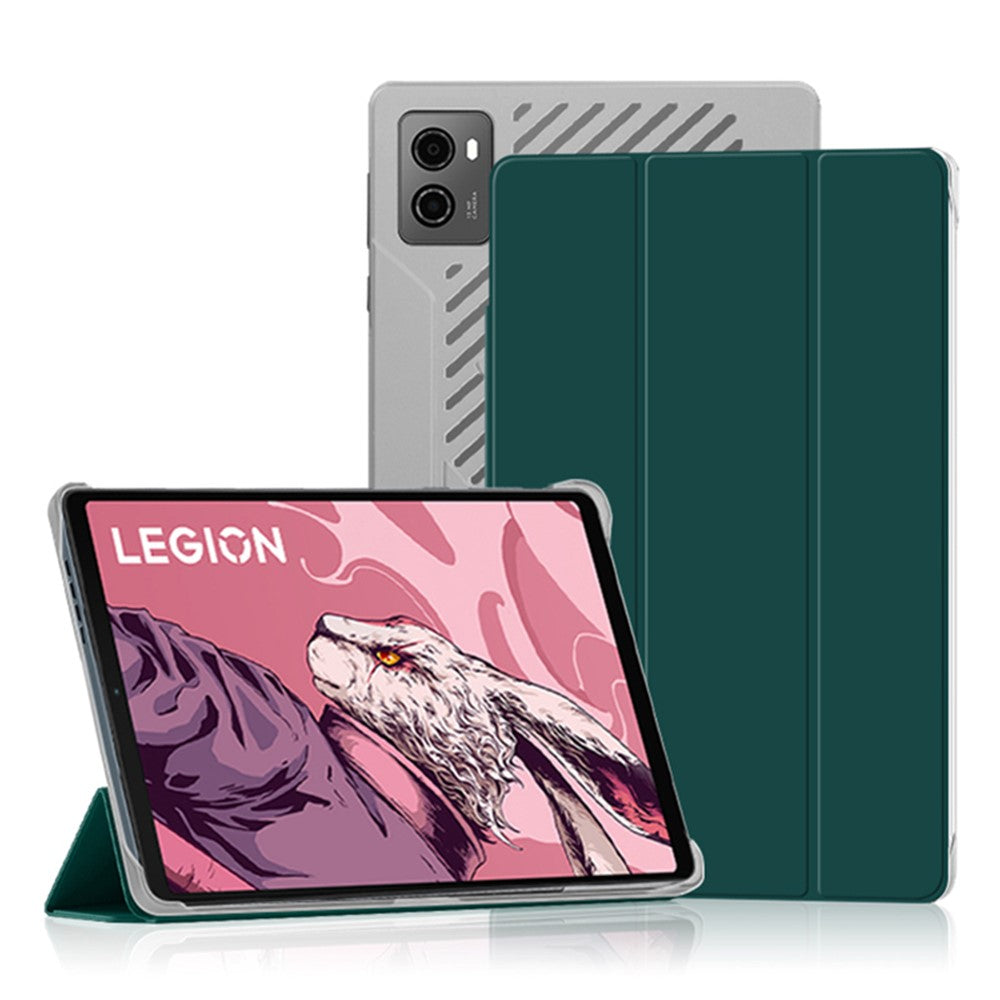 PU Leather Smart Case for Lenovo Legion Y700 , Trifold Stand Heat Dissipation Tablet Cover - Green+Grey