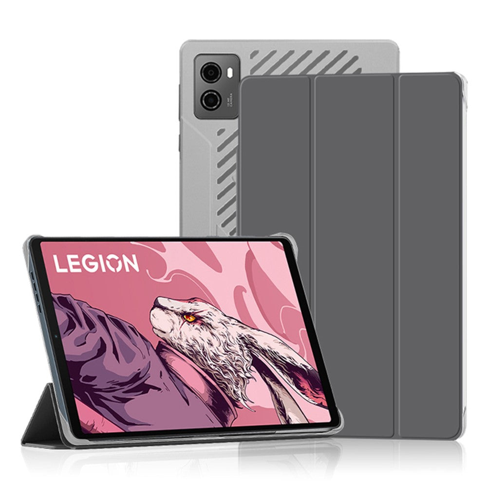 PU Leather Smart Case for Lenovo Legion Y700 , Trifold Stand Heat Dissipation Tablet Cover - Grey+Grey