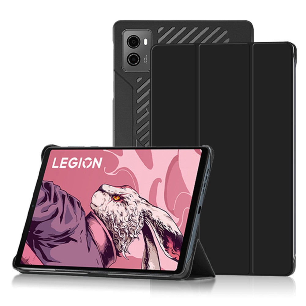PU Leather Smart Case for Lenovo Legion Y700 , Trifold Stand Heat Dissipation Tablet Cover - Black+Black