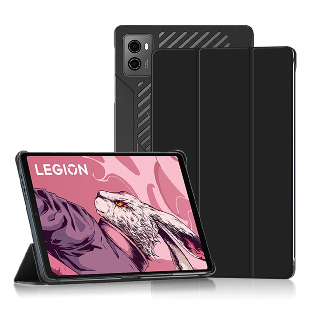 PU Leather Smart Case for Lenovo Legion Y700 , Trifold Stand Heat Dissipation Tablet Cover - Black+Black