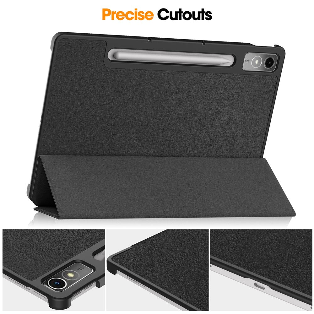 For Lenovo Tab P12 PU Leather Case Tri-Fold Stand Full Protection Tablet Cover - Black