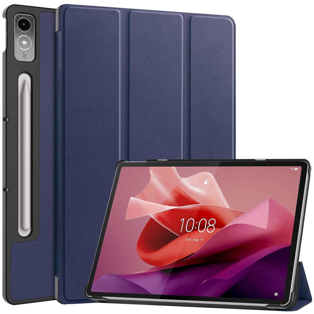 For Lenovo Tab P12 PU Leather Case Tri-fold Stand Full Protection Tablet Cover - Dark Blue