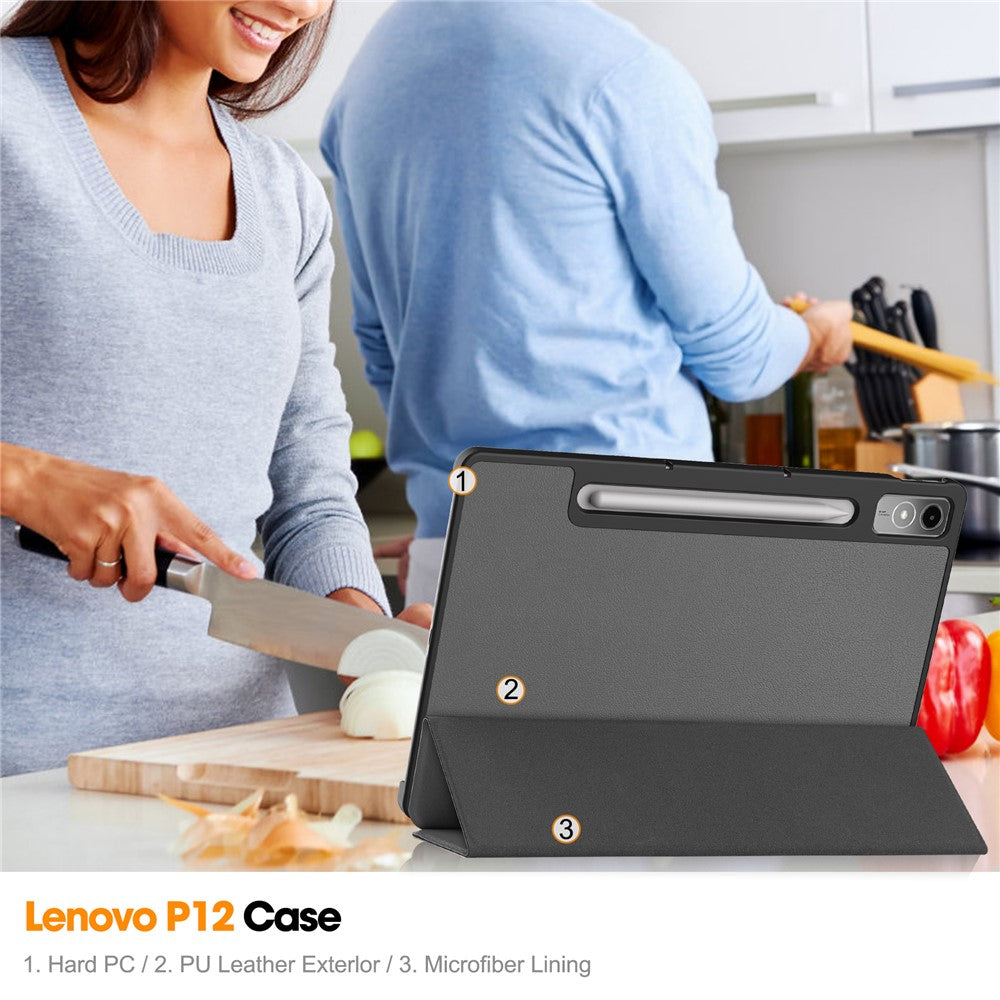 For Lenovo Tab P12 PU Leather Case Tri-fold Stand Full Protection Tablet Cover - Grey