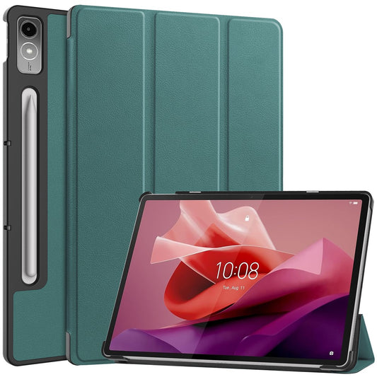 For Lenovo Tab P12 PU Leather Case Tri-fold Stand Full Protection Tablet Cover - Blackish Green