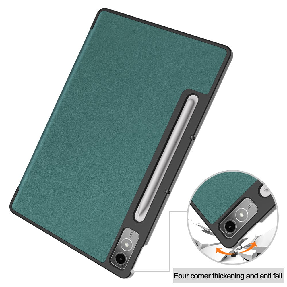 For Lenovo Tab P12 PU Leather Case Tri-fold Stand Full Protection Tablet Cover - Blackish Green