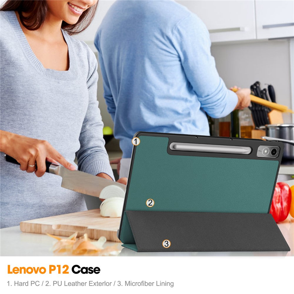 For Lenovo Tab P12 PU Leather Case Tri-fold Stand Full Protection Tablet Cover - Blackish Green