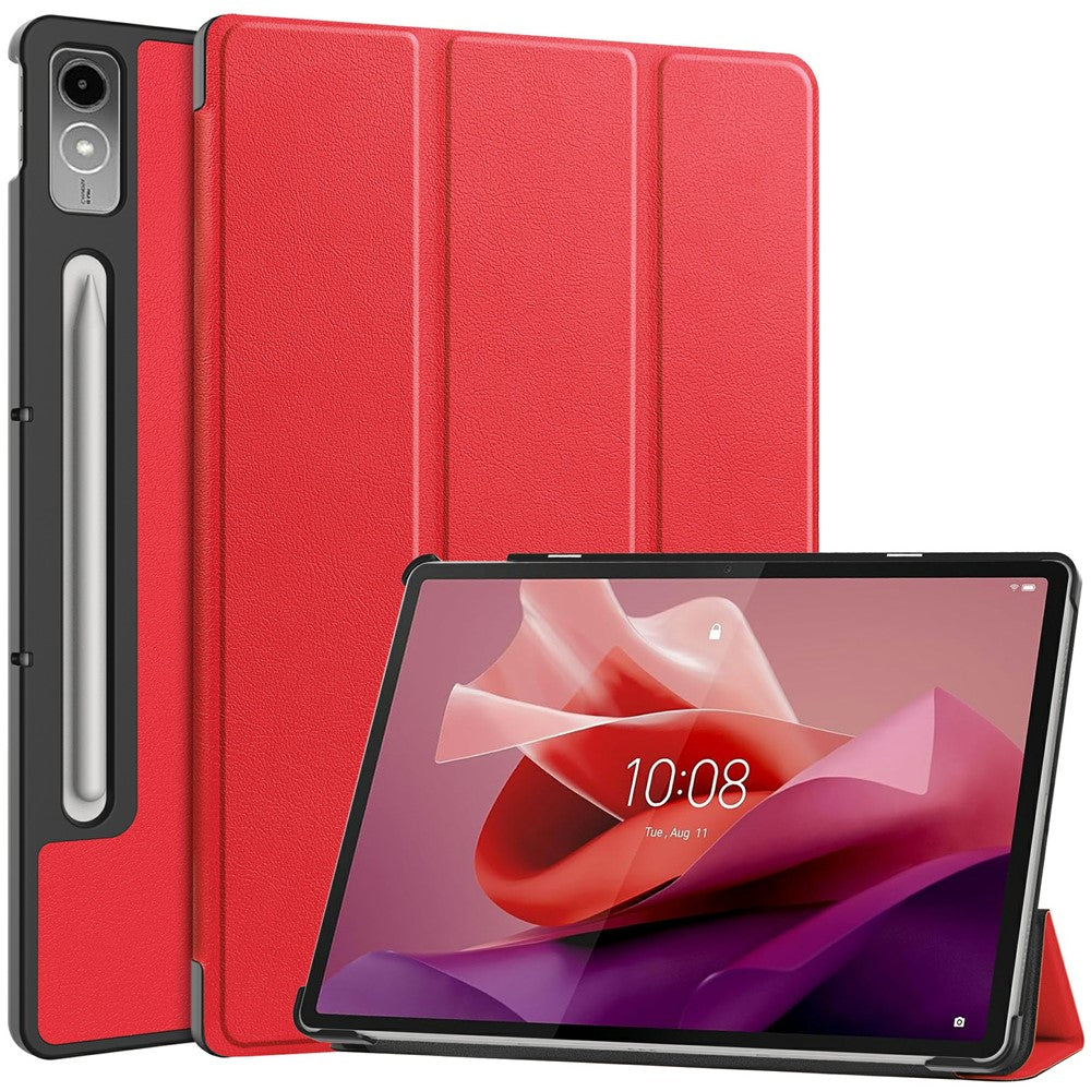 For Lenovo Tab P12 PU Leather Case Tri-fold Stand Full Protection Tablet Cover - Red