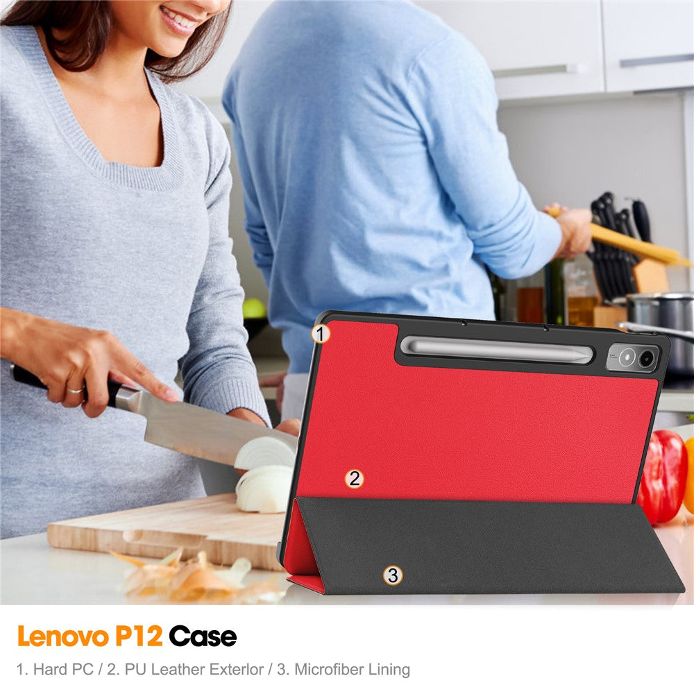 For Lenovo Tab P12 PU Leather Case Tri-fold Stand Full Protection Tablet Cover - Red
