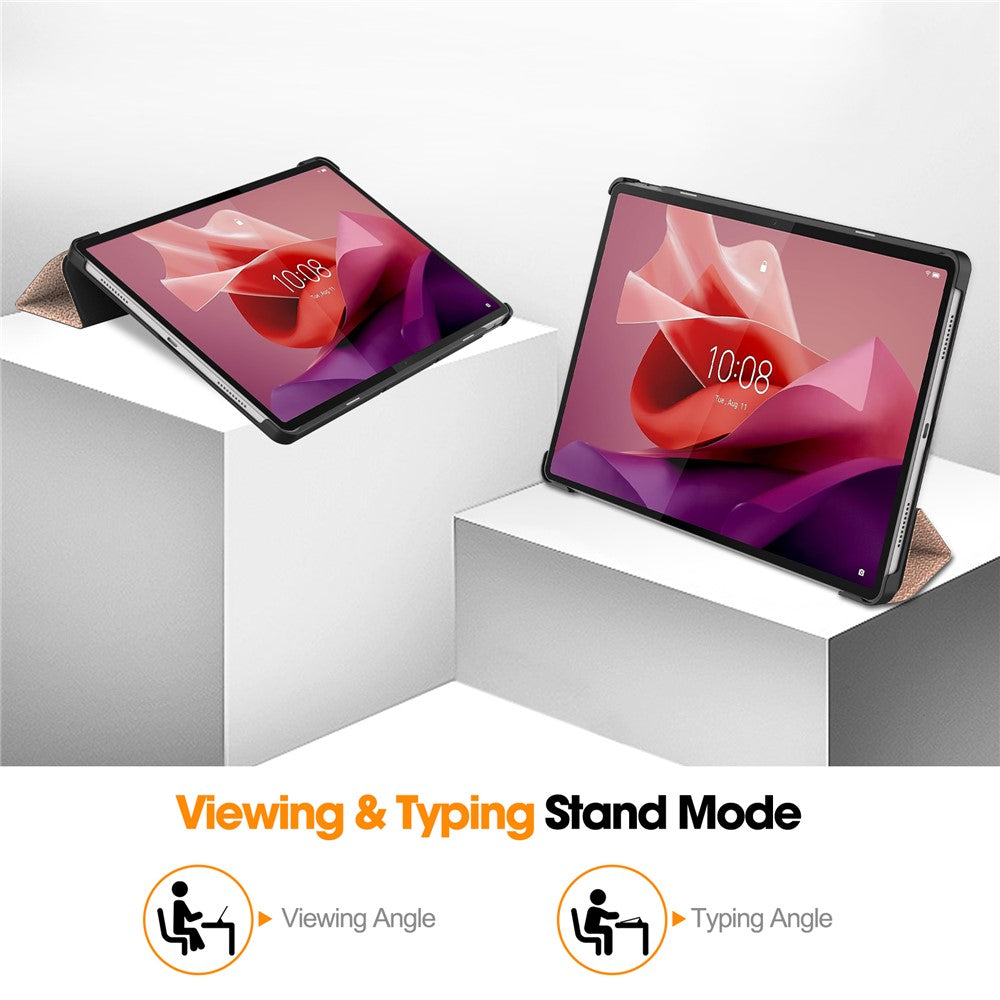 For Lenovo Tab P12 PU Leather Case Tri-fold Stand Full Protection Tablet Cover - Rose Gold