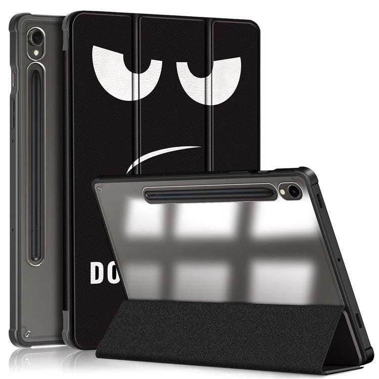 For Samsung Galaxy Tab S9 (SM-X710 / SM-X716B / SM-X718U) Tri-fold Stand Tablet Case Pattern Printing PU+TPU+Acrylic Protective Cover with Pen Slot - Don't Touch Me