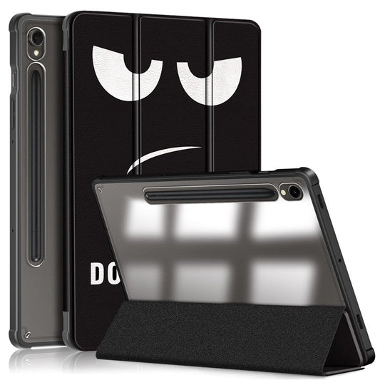 For Samsung Galaxy Tab S9 (SM-X710 / SM-X716B / SM-X718U) Tri-fold Stand Tablet Case Pattern Printing PU+TPU+Acrylic Protective Cover with Pen Slot - Don't Touch Me
