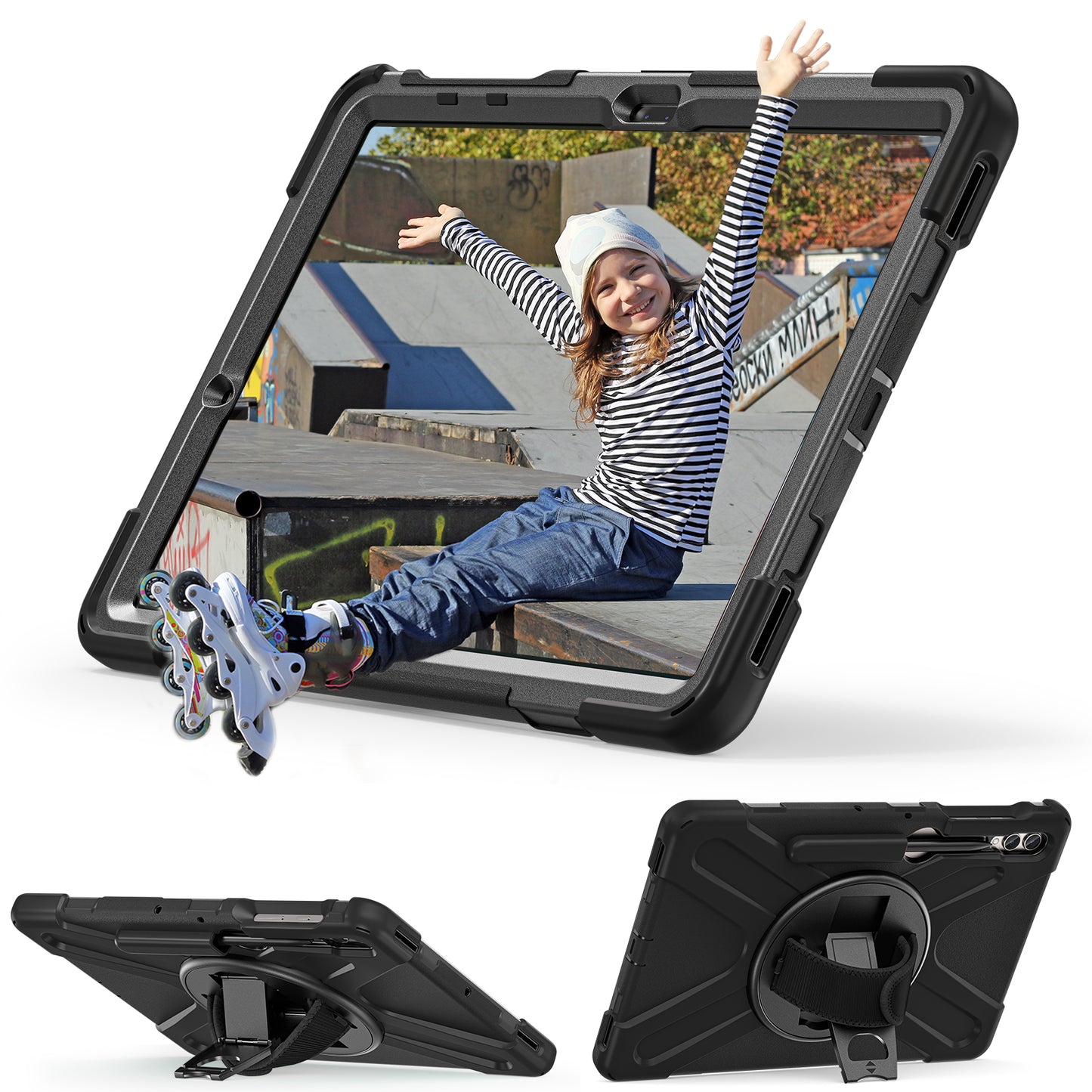 For Samsung Galaxy Tab S10+ X826 / S9 FE+ / S9+ / S8+ / S7+ Wrist Strap Tablet Case Anti-Scratch PC+Silicone Kickstand Cover - Black