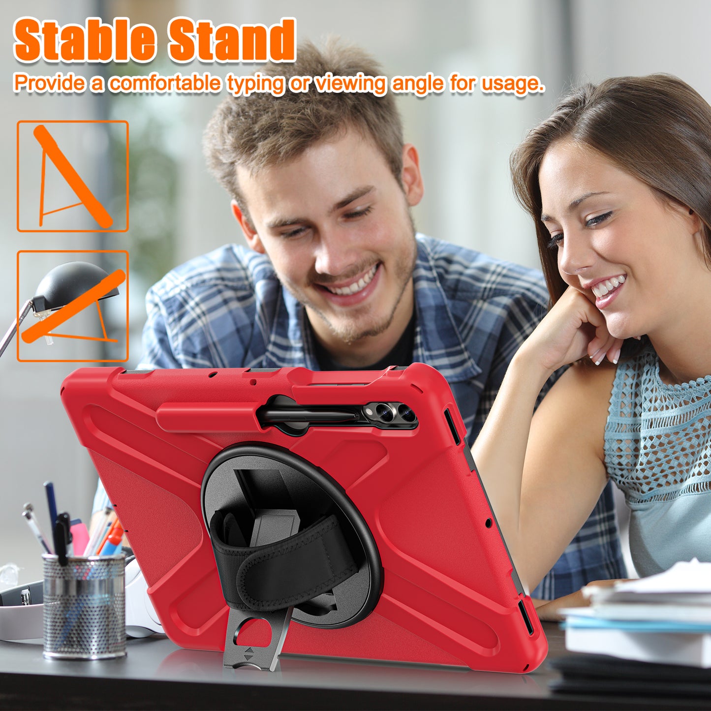 For Samsung Galaxy Tab S10+ X826 / S9 FE+ / S9+ / S8+ / S7+ Wrist Strap Tablet Case Anti-Scratch PC+Silicone Kickstand Cover - Red