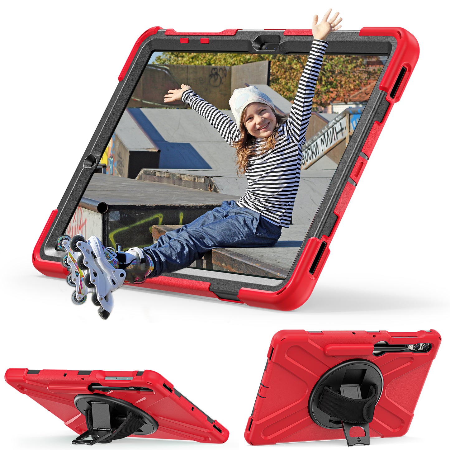 For Samsung Galaxy Tab S10+ X826 / S9 FE+ / S9+ / S8+ / S7+ Wrist Strap Tablet Case Anti-Scratch PC+Silicone Kickstand Cover - Red