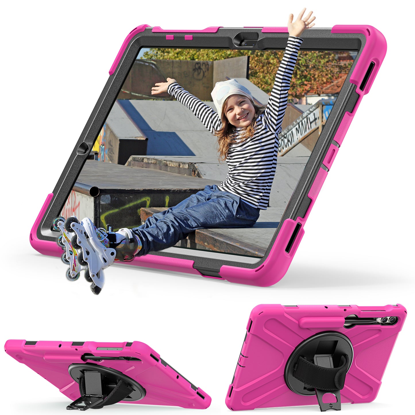 For Samsung Galaxy Tab S10+ X826 / S9 FE+ / S9+ / S8+ / S7+ Wrist Strap Tablet Case Anti-Scratch PC+Silicone Kickstand Cover - Rose