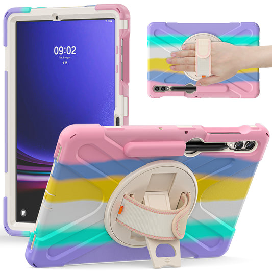 For Samsung Galaxy Tab S10+ X826 / S9 FE+ / S9+ / S8+ / S7+ Wrist Strap Tablet Case Anti-Scratch PC+Silicone Kickstand Cover - Colorful Pink