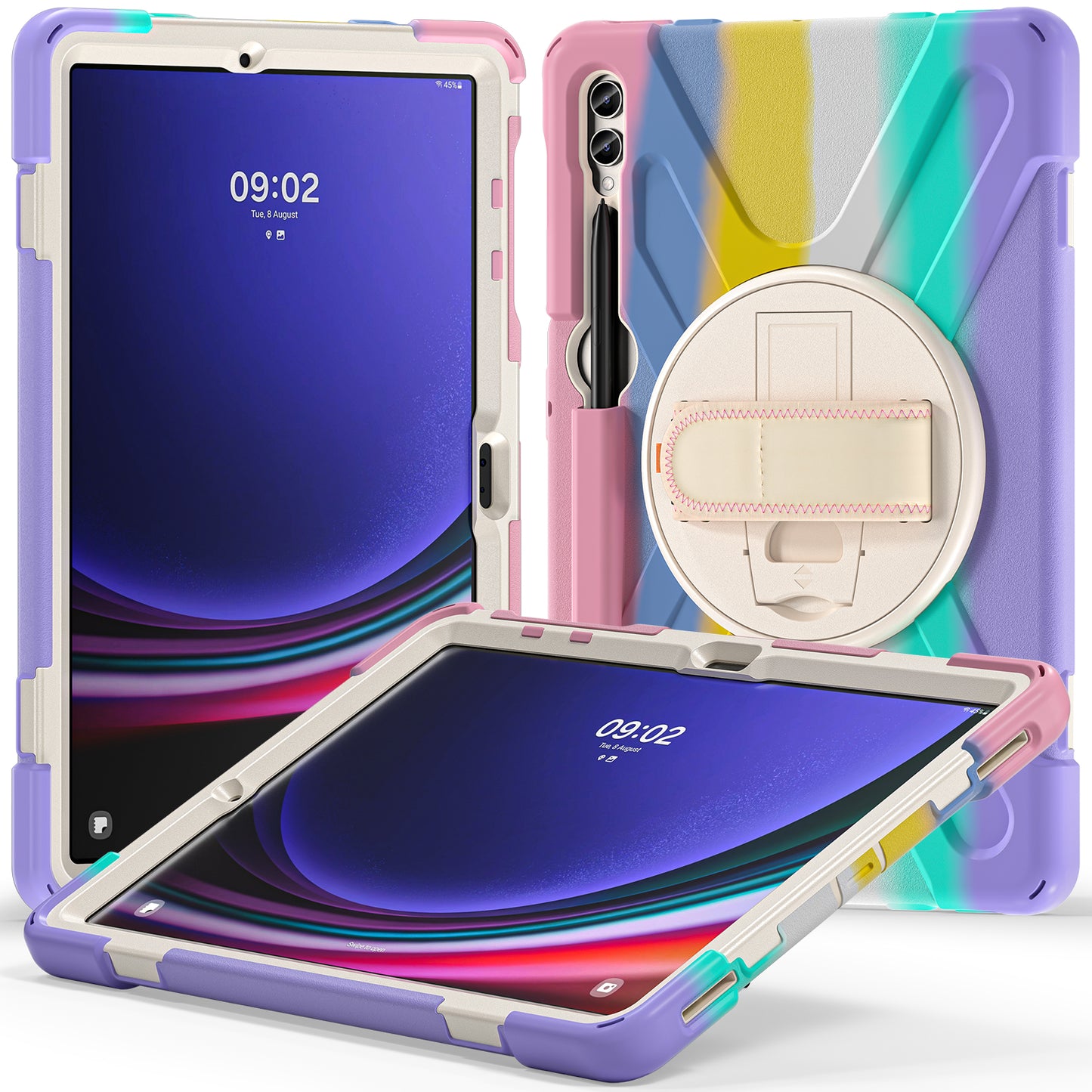 For Samsung Galaxy Tab S10+ X826 / S9 FE+ / S9+ / S8+ / S7+ Wrist Strap Tablet Case Anti-Scratch PC+Silicone Kickstand Cover - Colorful Pink