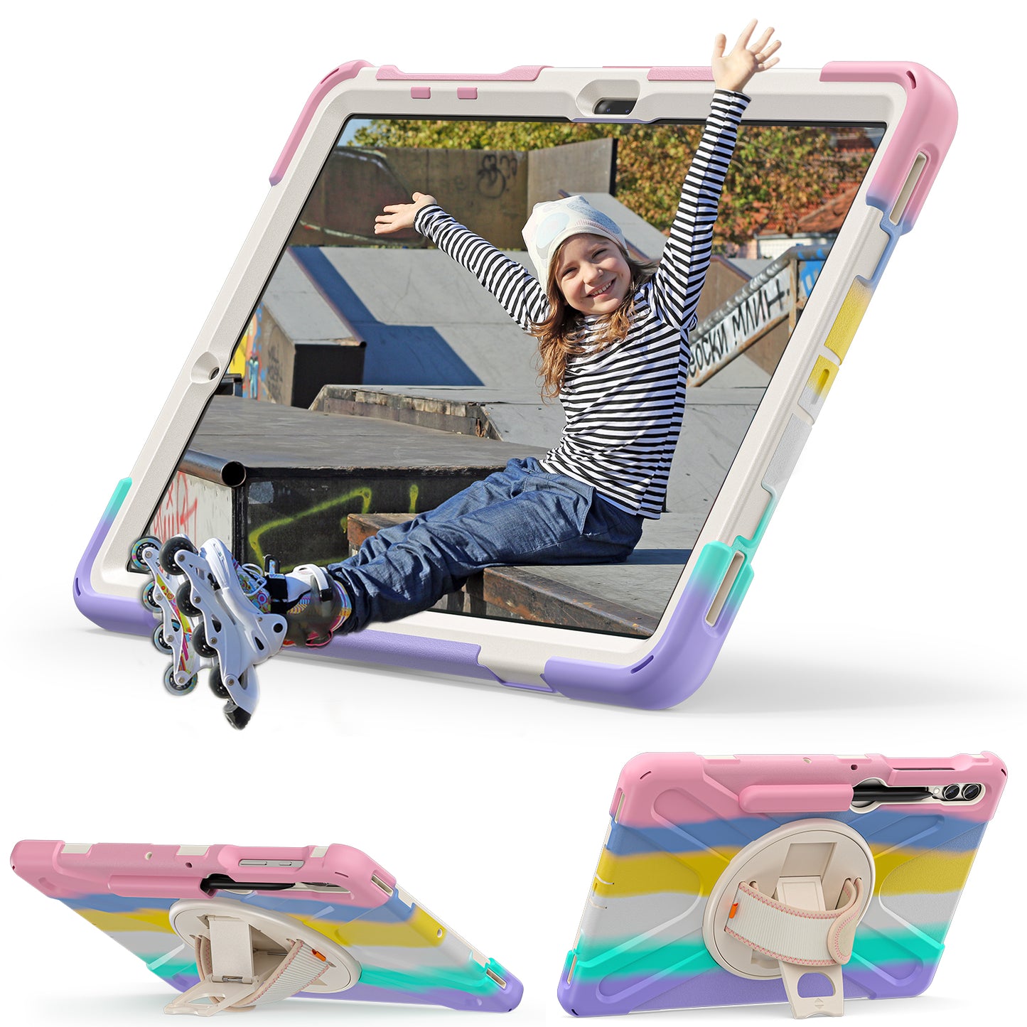 For Samsung Galaxy Tab S10+ X826 / S9 FE+ / S9+ / S8+ / S7+ Wrist Strap Tablet Case Anti-Scratch PC+Silicone Kickstand Cover - Colorful Pink