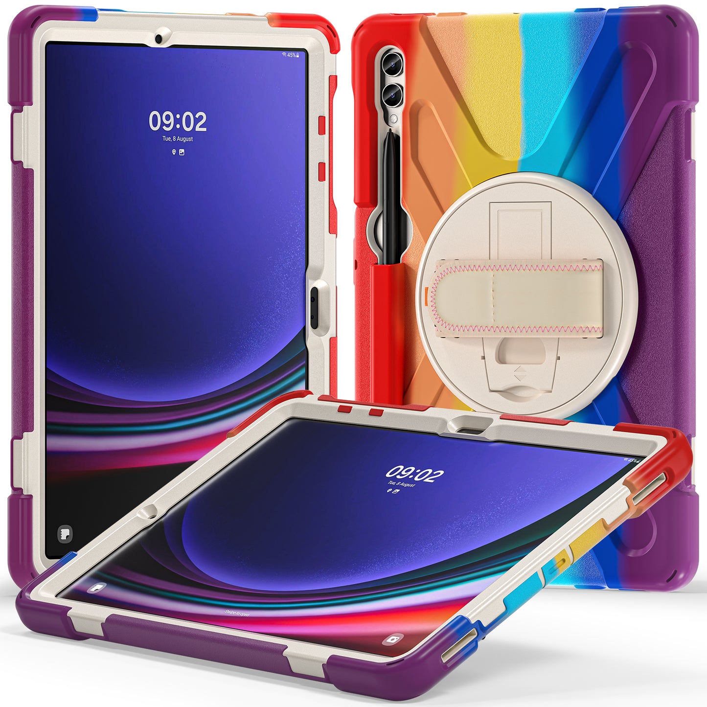 For Samsung Galaxy Tab S10+ X826 / S9 FE+ / S9+ / S8+ / S7+ Wrist Strap Tablet Case Anti-Scratch PC+Silicone Kickstand Cover - Colorful Red