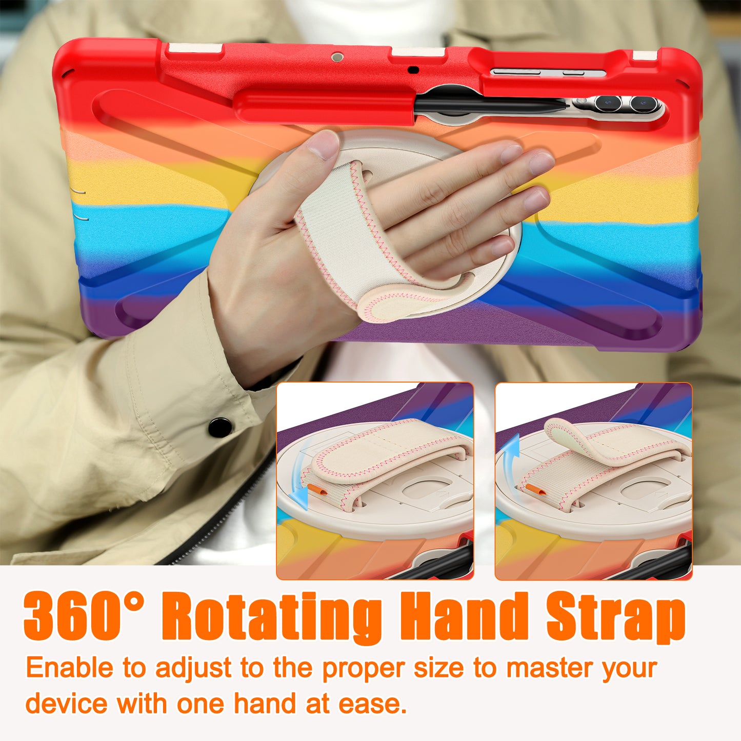 For Samsung Galaxy Tab S10+ X826 / S9 FE+ / S9+ / S8+ / S7+ Wrist Strap Tablet Case Anti-Scratch PC+Silicone Kickstand Cover - Colorful Red