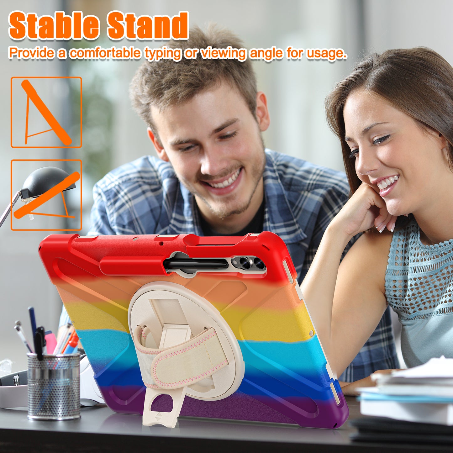 For Samsung Galaxy Tab S10+ X826 / S9 FE+ / S9+ / S8+ / S7+ Wrist Strap Tablet Case Anti-Scratch PC+Silicone Kickstand Cover - Colorful Red