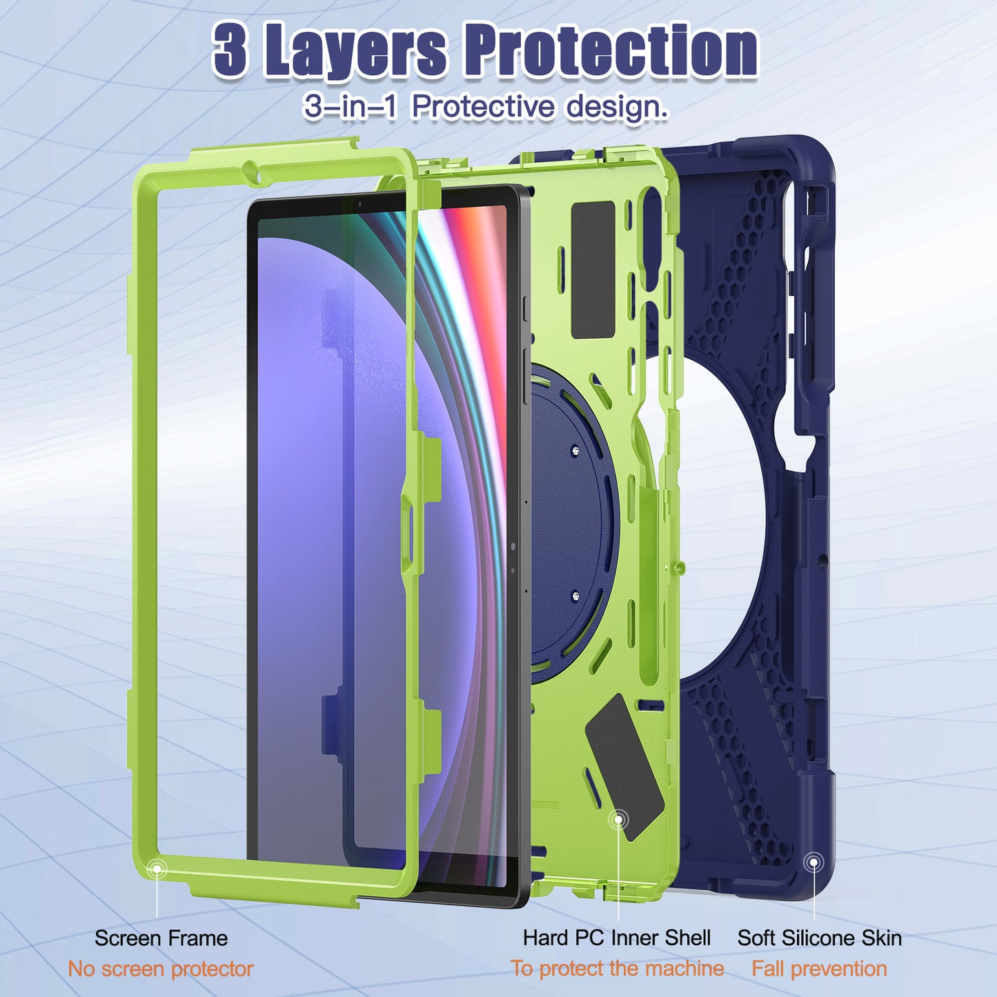 For Samsung Galaxy Tab S10+ X826 / S9 FE+ / S9+ / S8+ / S7+ PC+Silicone Protective Case Rotating Kickstand Rugged Tablet Cover with Handle Design - Navy Blue Yellowgreen