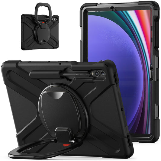 For Samsung Galaxy Tab S10+ X826 / S9 FE+ / S9+ / S8+ / S7+ PC+Silicone Protective Case Rotating Kickstand Rugged Tablet Cover with Handle Design - Black Black