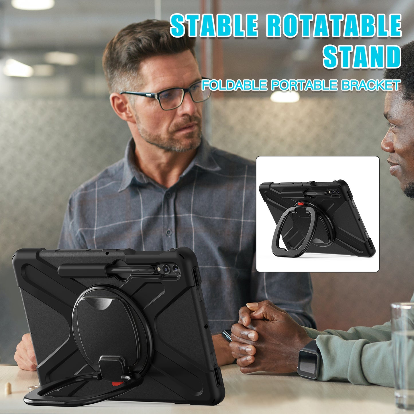 For Samsung Galaxy Tab S10+ X826 / S9 FE+ / S9+ / S8+ / S7+ PC+Silicone Protective Case Rotating Kickstand Rugged Tablet Cover with Handle Design - Black Black