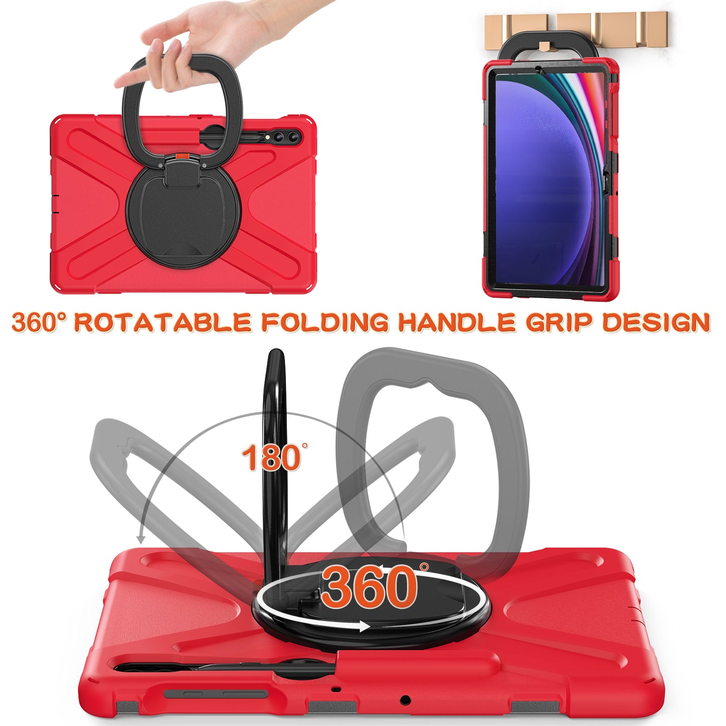For Samsung Galaxy Tab S10+ X826 / S9 FE+ / S9+ / S8+ / S7+ PC+Silicone Protective Case Rotating Kickstand Rugged Tablet Cover with Handle Design - Red Black
