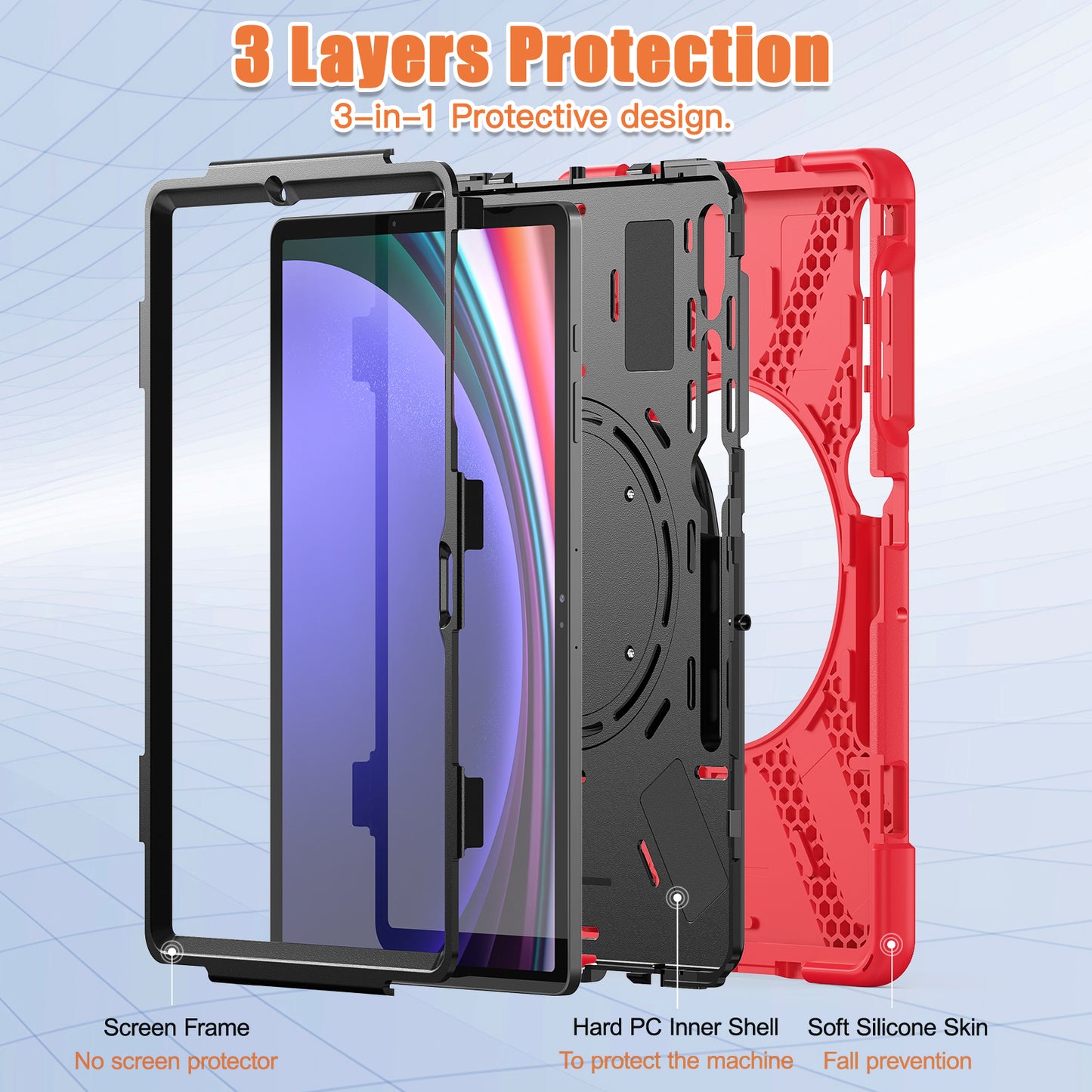 For Samsung Galaxy Tab S10+ X826 / S9 FE+ / S9+ / S8+ / S7+ PC+Silicone Protective Case Rotating Kickstand Rugged Tablet Cover with Handle Design - Red Black