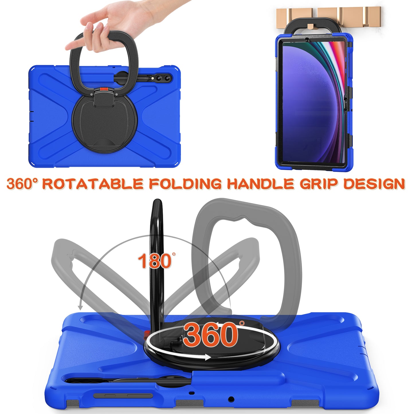 For Samsung Galaxy Tab S10+ X826 / S9 FE+ / S9+ / S8+ / S7+ PC+Silicone Protective Case Rotating Kickstand Rugged Tablet Cover with Handle Design - Blue Black