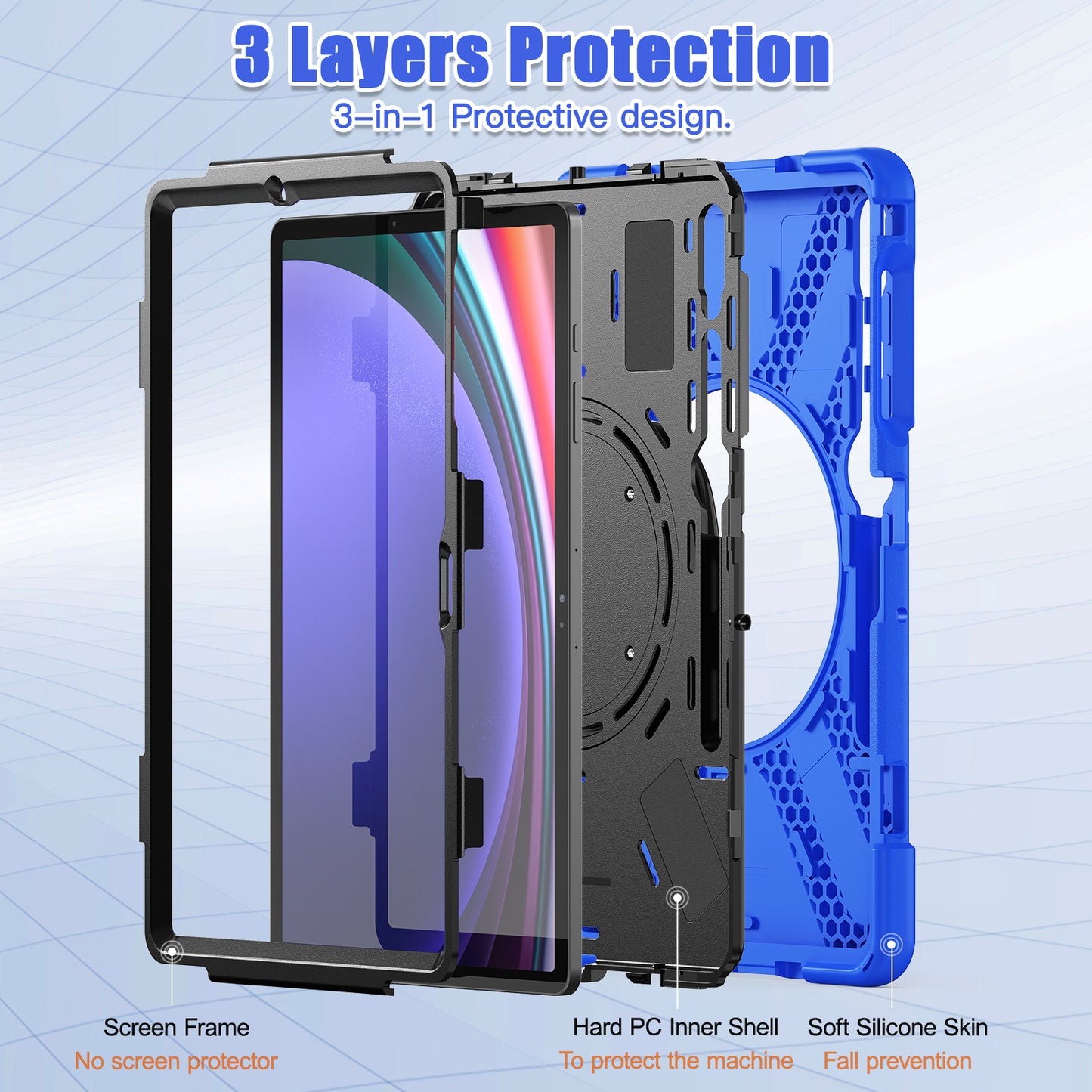For Samsung Galaxy Tab S10+ X826 / S9 FE+ / S9+ / S8+ / S7+ PC+Silicone Protective Case Rotating Kickstand Rugged Tablet Cover with Handle Design - Blue Black