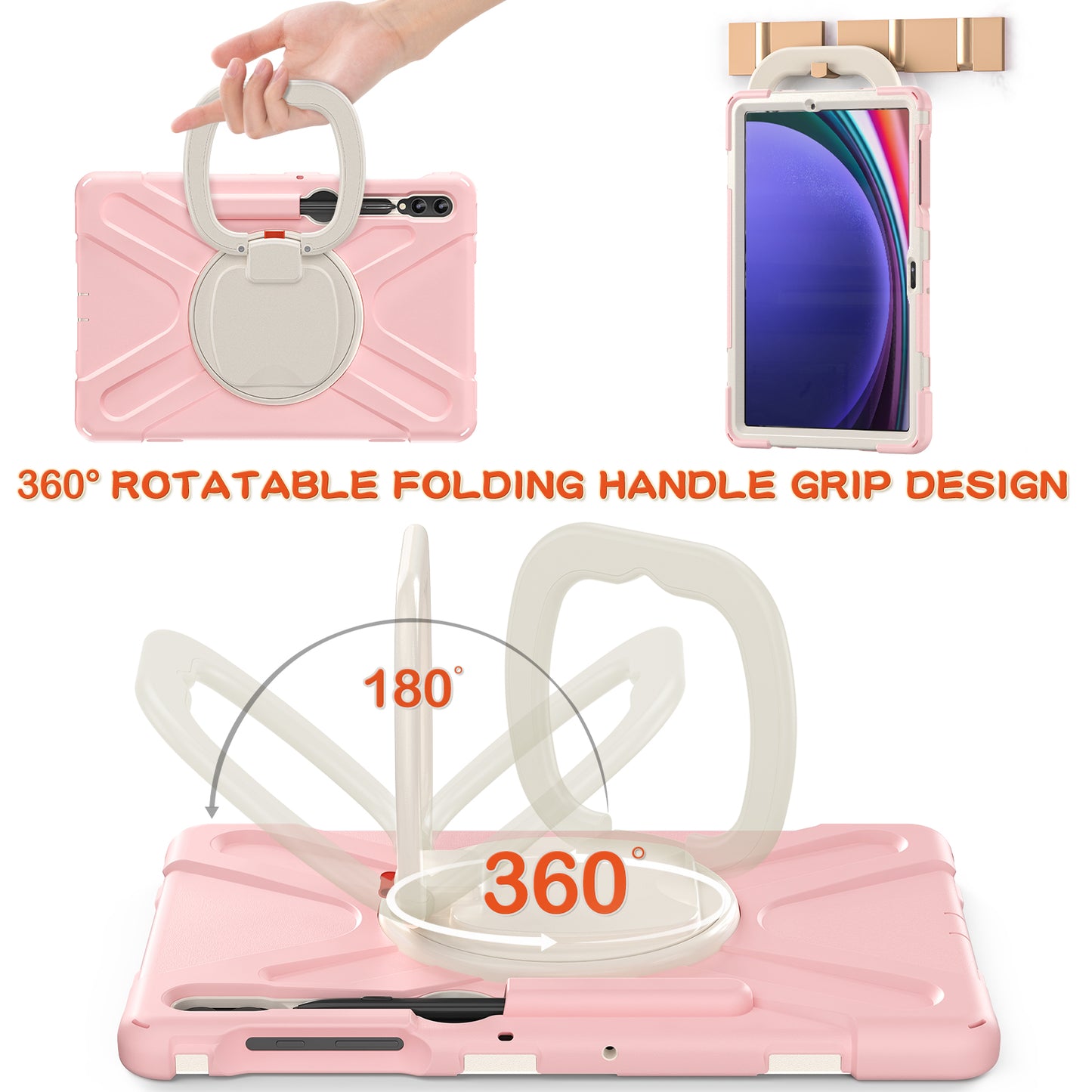 For Samsung Galaxy Tab S10+ X826 / S9 FE+ / S9+ / S8+ / S7+ PC+Silicone Protective Case Rotating Kickstand Rugged Tablet Cover with Handle Design - Pink