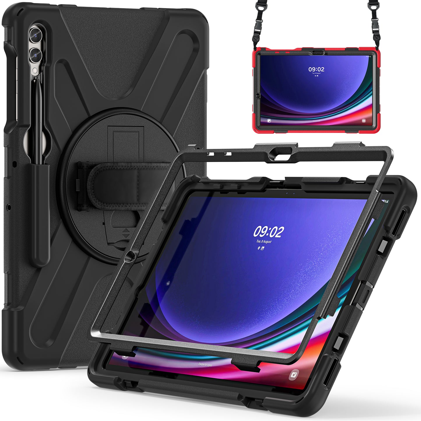 For Samsung Galaxy Tab S10+ X826 / S9 FE+ / S9+ / S8+ / S7+ Shockproof PC+Silicone Rugged Tablet Case Kickstand with Hand Band  /  Shoulder Strap - Black