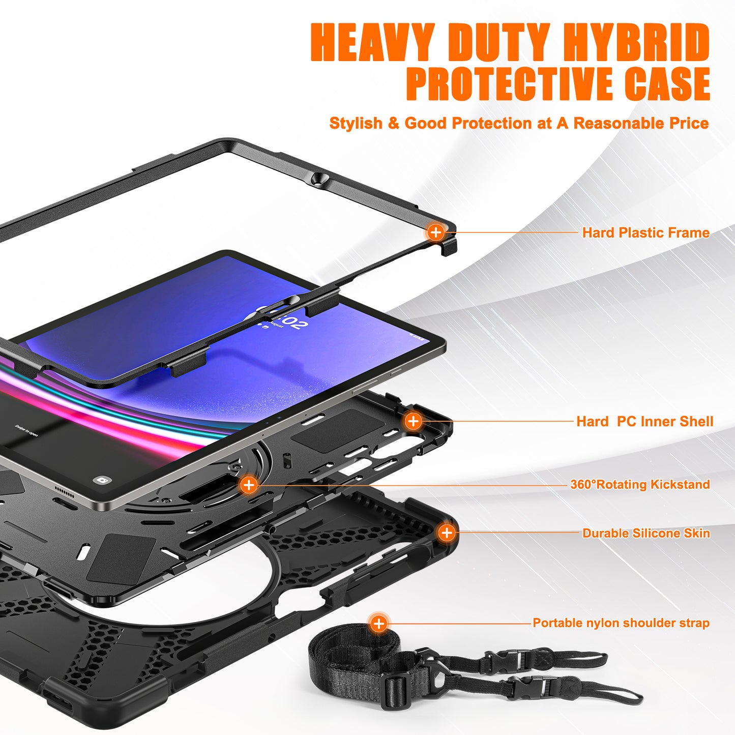 For Samsung Galaxy Tab S10+ X826 / S9 FE+ / S9+ / S8+ / S7+ Shockproof PC+Silicone Rugged Tablet Case Kickstand with Hand Band  /  Shoulder Strap - Black